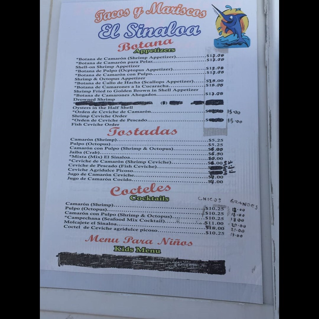 Menu  Sinaloa Restaurant